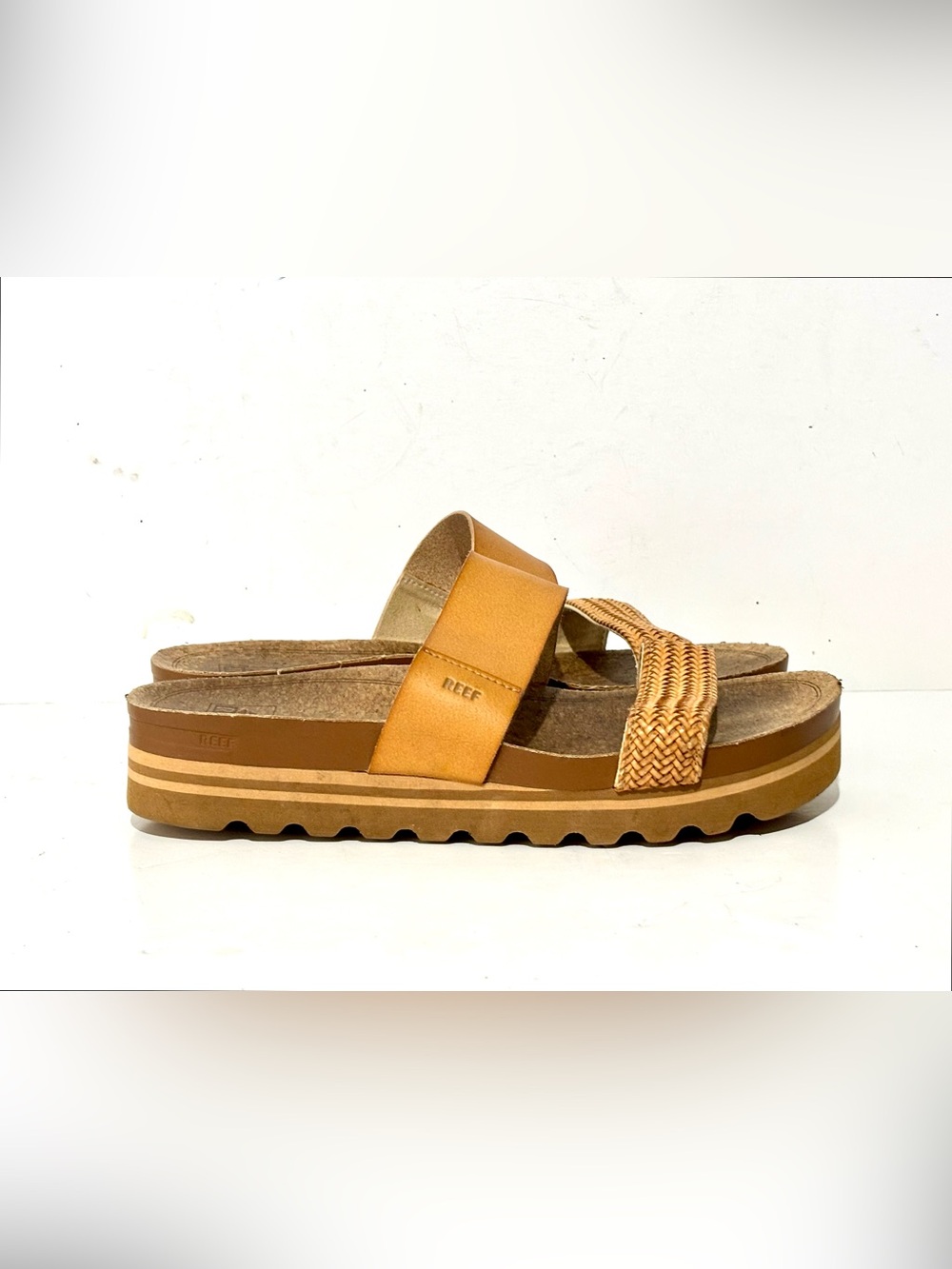 Reef Women's Cognac/Tan Slide Sandal with Woven Front Strap Size 11